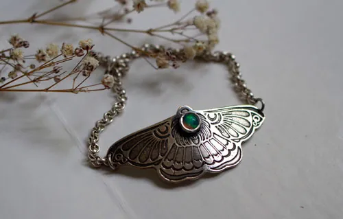 Moon moth, night beauty bracelet in silver and opal