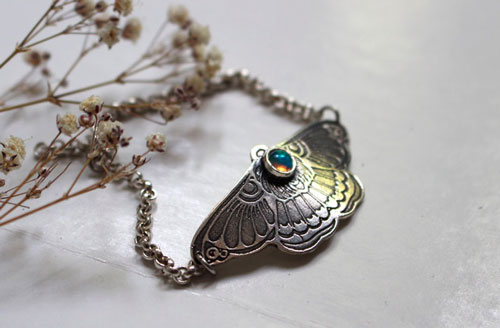 Moon moth, night beauty bracelet in silver and opal