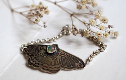 Moon moth, night beauty bracelet in silver and opal