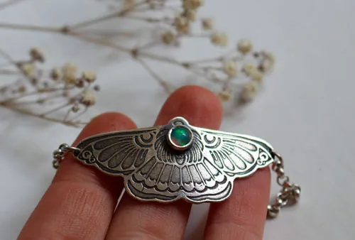 Moon moth, night beauty bracelet in silver and opal