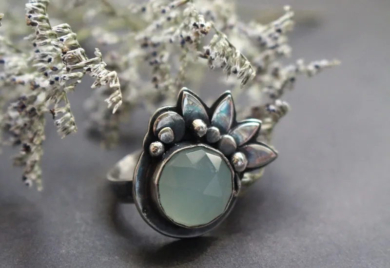 Moonlight water lily, lotus ring in silver and chalcedony