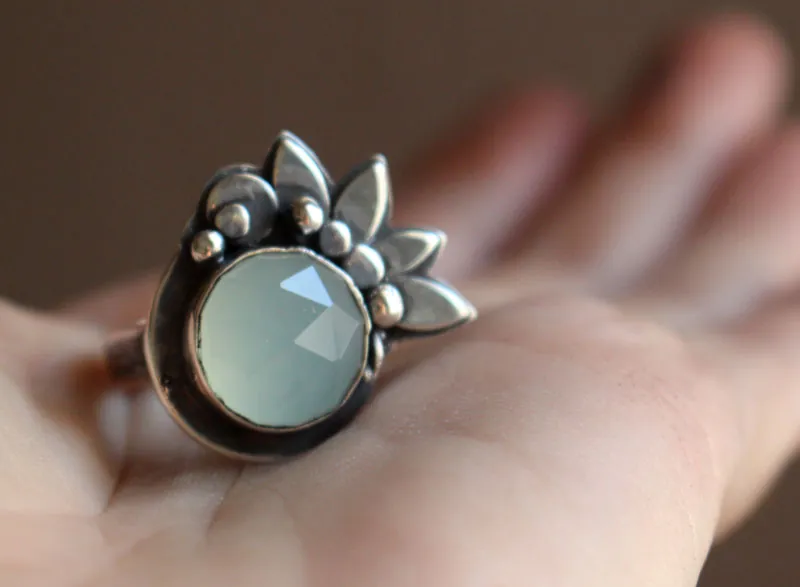 Moonlight water lily, lotus ring in silver and chalcedony