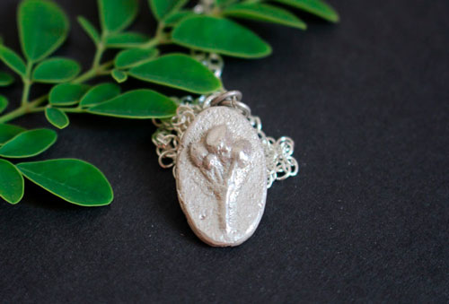 Moringa, baroque botanical cameo necklace in sterling silver