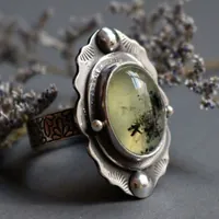 Moss poem, botanical ring in sterling silver and prehnite