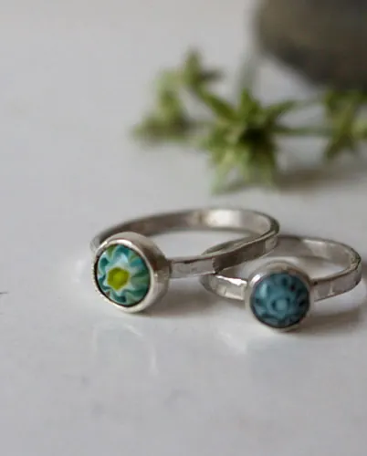 Mother and daughter, family ring in sterling silver and millefiori