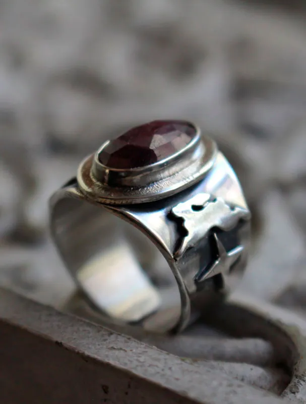 My star, celestial hare ring in sterling silver and ruby