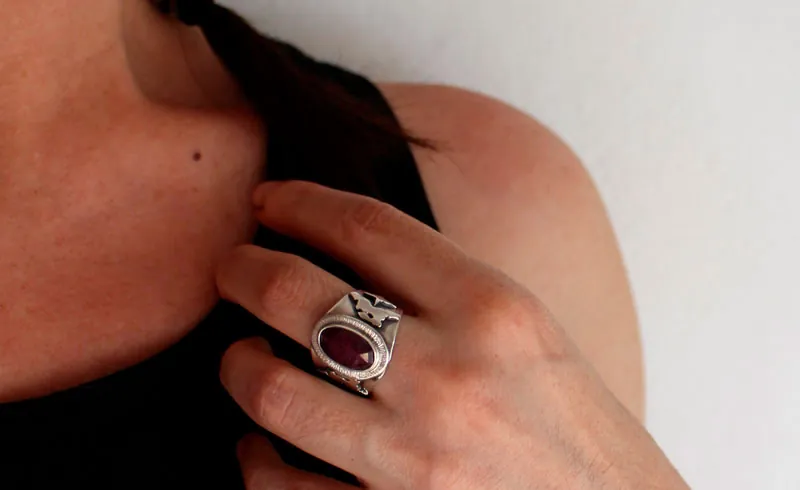My star, celestial hare ring in sterling silver and ruby