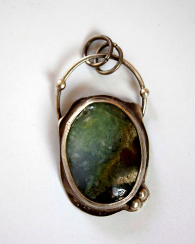 Mystery, magical mirror pendant in silver and chrysoprase