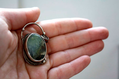 Mystery, magical mirror pendant in silver and chrysoprase