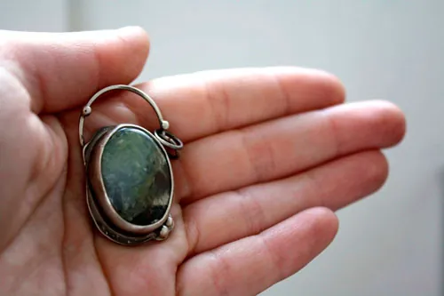 Mystery, magical mirror pendant in silver and chrysoprase