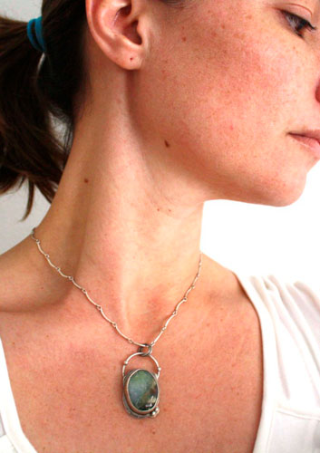 Mystery, magical mirror pendant in silver and chrysoprase