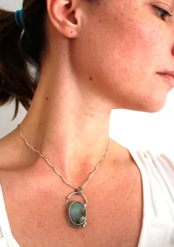 Mystery, magical mirror pendant in silver and chrysoprase