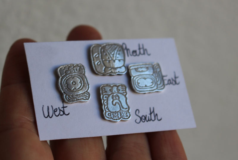 Mayan cardinal points, Mexican glyph earrings (north-south-east–west) in silver