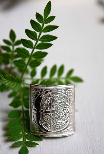 Medieval initial, Middle Ages style illuminated letter ring in silver