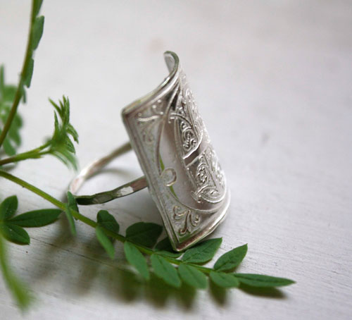 Medieval initial, Middle Ages style illuminated letter ring in silver