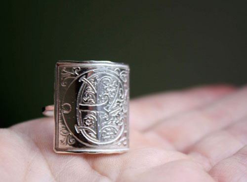 Medieval initial, Middle Ages style illuminated letter ring in silver