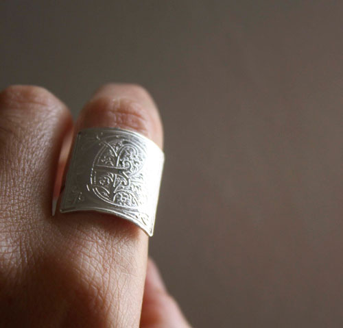 Medieval initial, Middle Ages style illuminated letter ring in silver