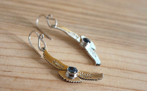 Messages at dawn, eagle earrings in sterling silver and blue zircon