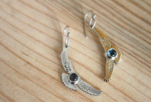 Messages at dawn, eagle earrings in sterling silver and blue zircon