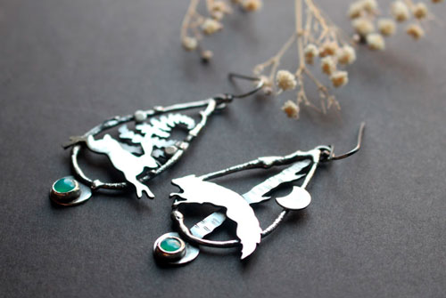 Moonlight race, hare and fox earrings in sterling silver and chrysoprase