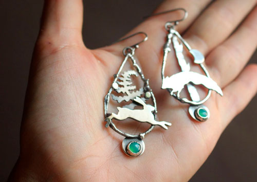 Moonlight race, hare and fox earrings in sterling silver and chrysoprase