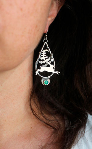 Moonlight race, hare and fox earrings in silver and chrysoprase