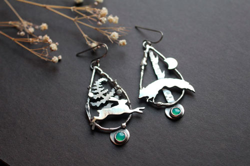 Moonlight race, hare and fox earrings in silver and chrysoprase