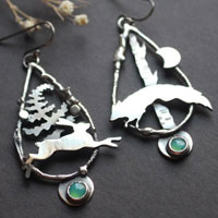 Moonlight race, hare and fox earrings in silver and chrysoprase