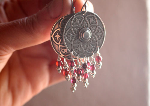 Murmur of the shield, medieval earrings in sterling silver and garnets