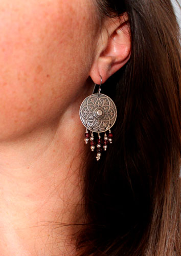 Murmur of the shield, medieval earrings in sterling silver and garnets