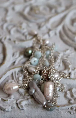 Nacre rain, colorful shower necklace, anklet, bracelet in silver, nacre, amazonite, and freshwater pearl
