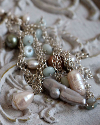 Nacre rain, colorful shower necklace, anklet, bracelet in silver, amazonite, and freshwater pearl