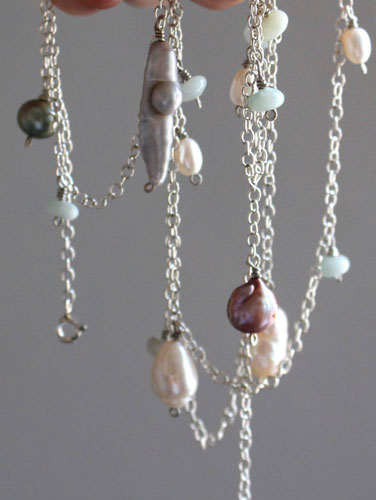 Nacre rain, colorful shower necklace, anklet, bracelet in silver, amazonite, and freshwater pearl