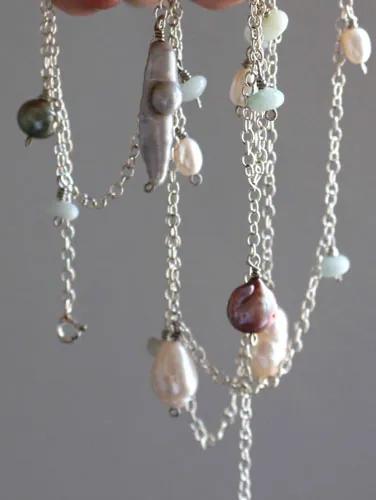 Nacre rain, colorful shower necklace, anklet, bracelet in silver, nacre, amazonite, and freshwater pearl