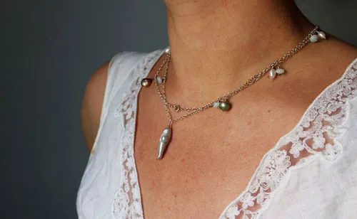 Nacre rain, colorful shower necklace, anklet, bracelet in silver, nacre, amazonite, and freshwater pearl