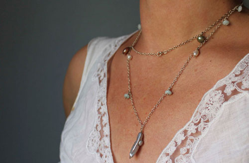 Nacre rain, colorful shower necklace, anklet, bracelet in silver, amazonite, and freshwater pearl