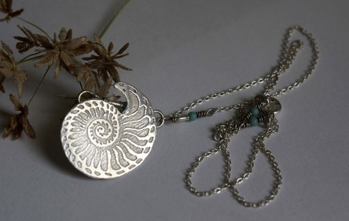 Nautilus, seashell of stability and endurance necklace in silver and turquoise