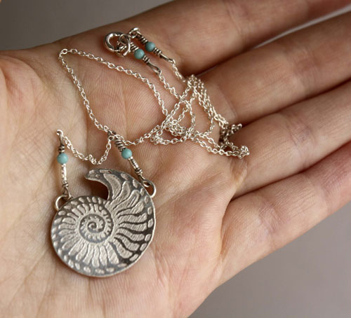 Nautilus, seashell of stability and endurance necklace in silver and turquoise