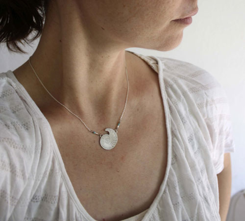 Nautilus, seashell of stability and endurance necklace in silver and turquoise