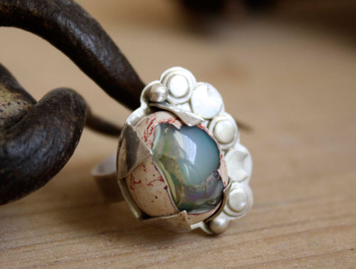 Nebula, astronomy ring in silver and fire opal