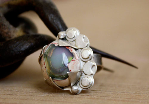 Nebula, astronomy ring in silver and fire opal