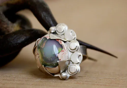 Nebula, astronomy ring in silver and fire opal