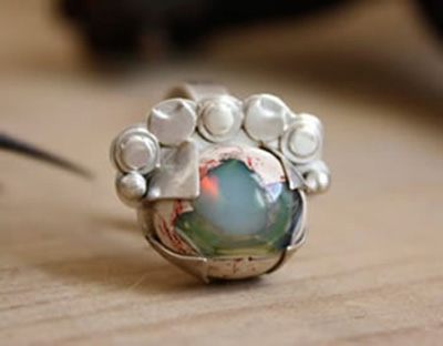 Nebula, astronomy ring in silver and fire opal