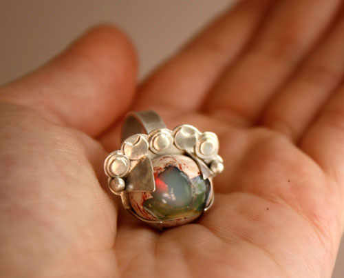 Nebula, astronomy ring in silver and fire opal