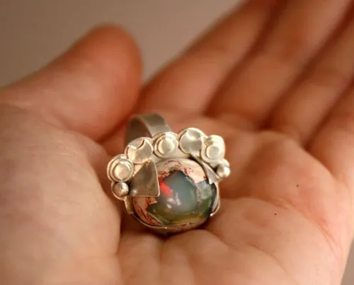 Nebula, astronomy ring in silver and fire opal
