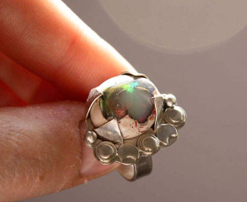 Nebula, astronomy ring in silver and fire opal