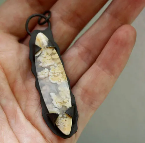 Nebulous, suspended universe pendant in silver and Graveyard Point Plume agate