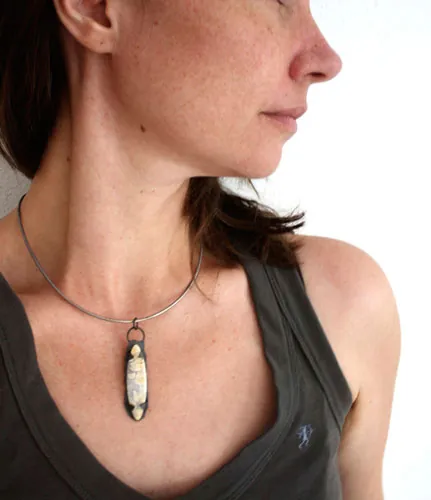 Nebulous, suspended universe pendant in silver and Graveyard Point Plume agate