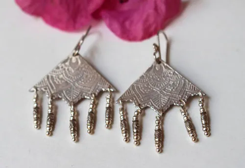 Nehal, triangle mandala earrings in sterling silver