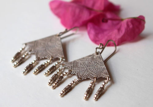 Nehal, triangle mandala earrings in sterling silver